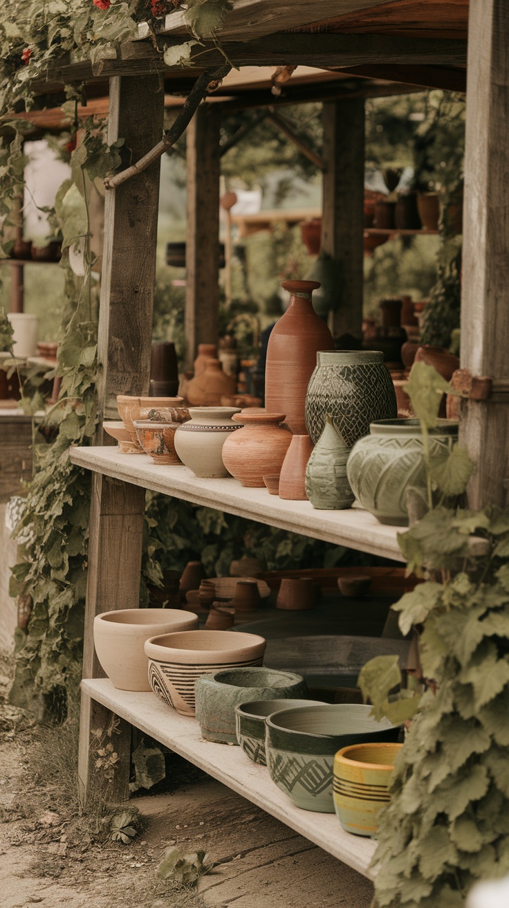 A display of various handcrafted pottery and crafts on wooden shelves, surrounded by greenery.