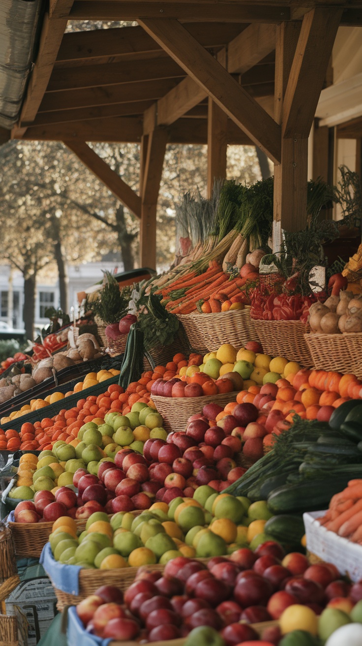 A display of vibrant seasonal vegetables and fruits at a farmstand.