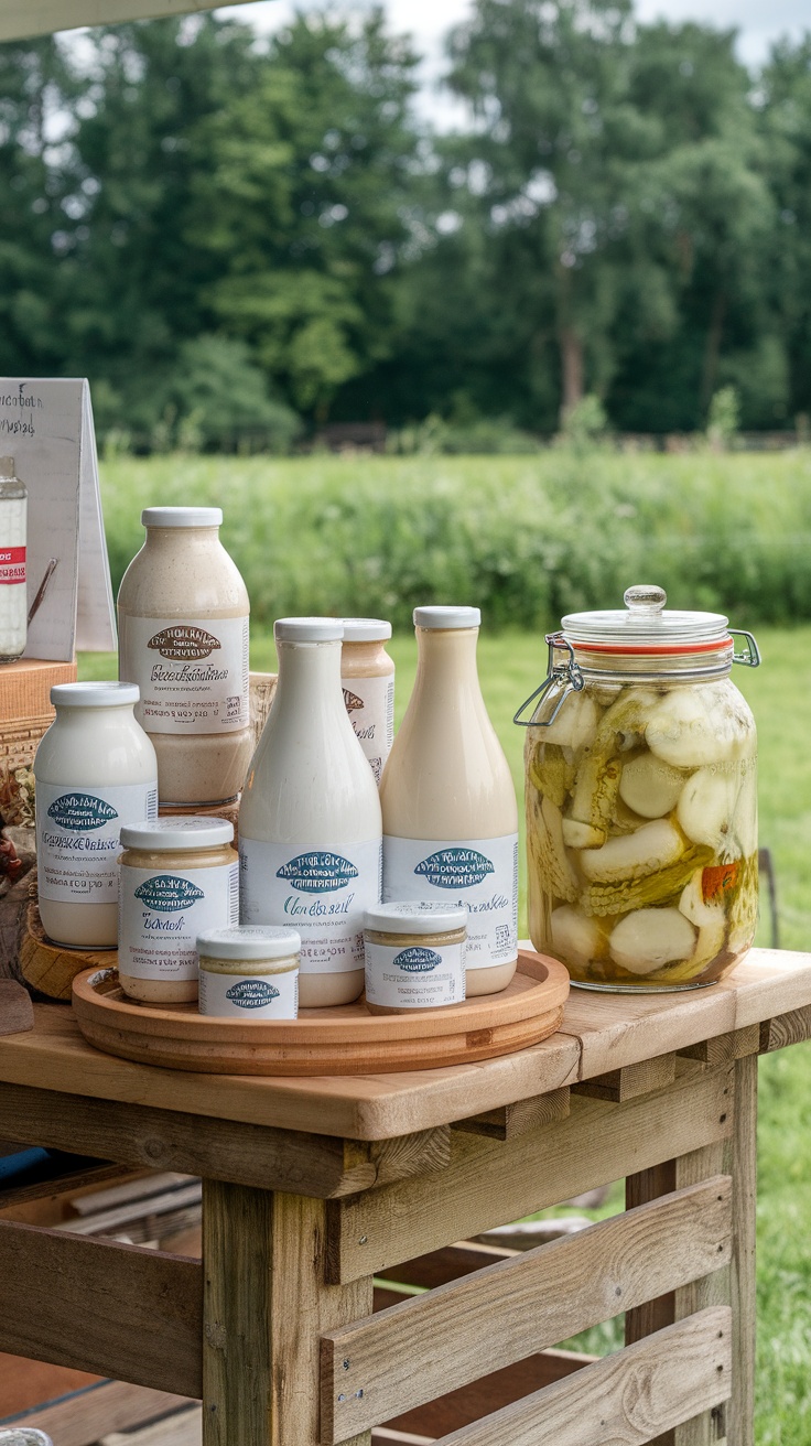 A variety of locally sourced dairy products displayed on a wooden table