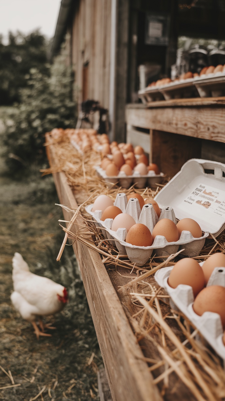A display of various jars of organic honey, wooden honey dippers, and honeycomb on a wooden table.