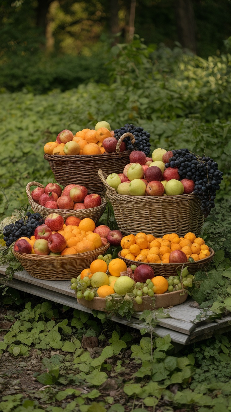 Baskets filled with various freshly picked fruits including apples, oranges, and grapes.