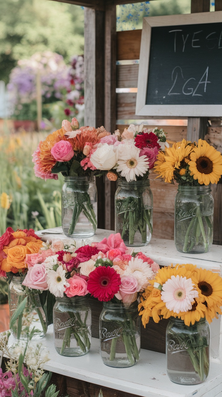 A variety of colorful flower bouquets in mason jars at a farmstand.