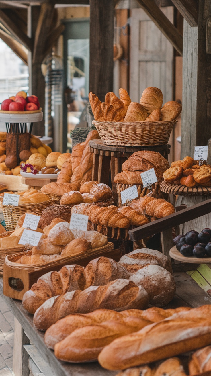 A display of various freshly baked goods at a farmstand.