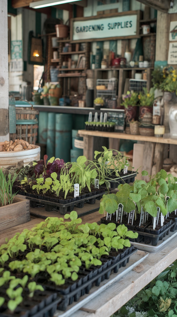A charming farmstand display with trays of green seedlings and gardening supplies.