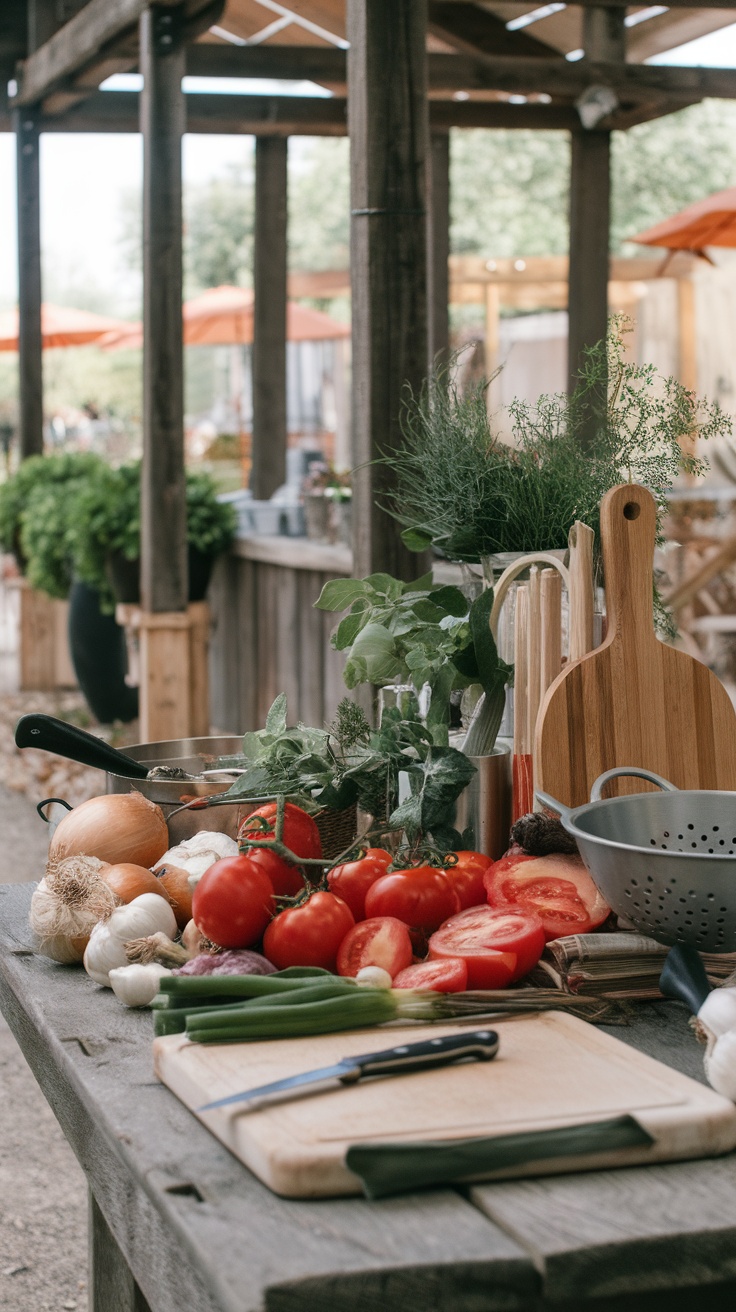 A beautifully arranged table with fresh vegetables and herbs prepared for a cooking class outdoors.