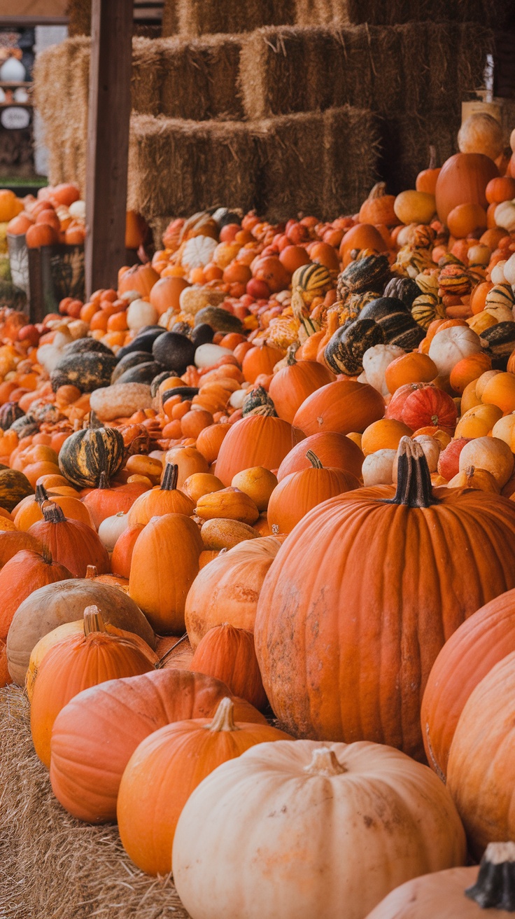 A variety of pumpkins and squashes displayed at a farmstand