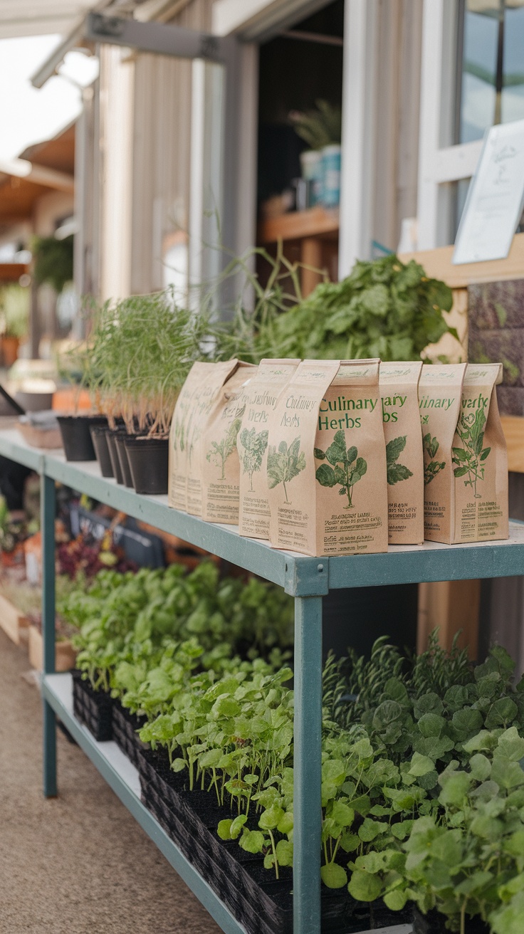 A display of culinary herb kits and small herb plants at a farmstand.