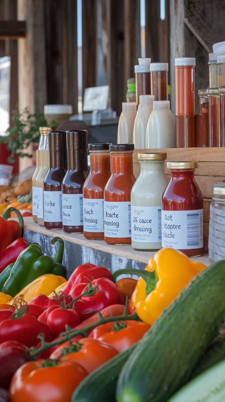 A collection of homemade sauces and dressings displayed on a farmstand alongside colorful vegetables.