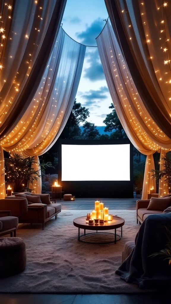 A cozy backyard cinema with a canopy, string lights, and a projector screen.