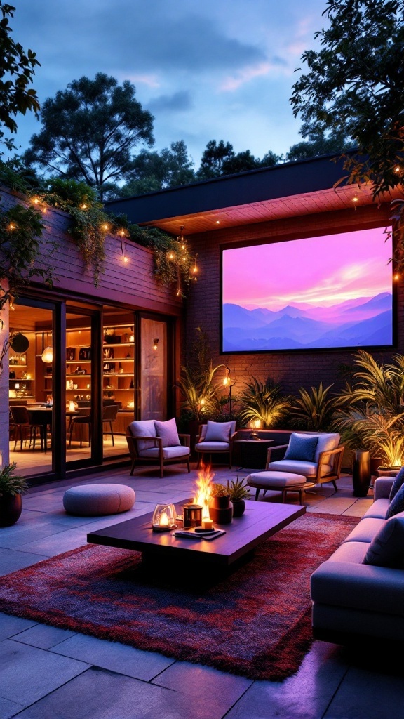 A modern outdoor lounge area featuring comfortable seating, a fire pit, and a large screen for movies.