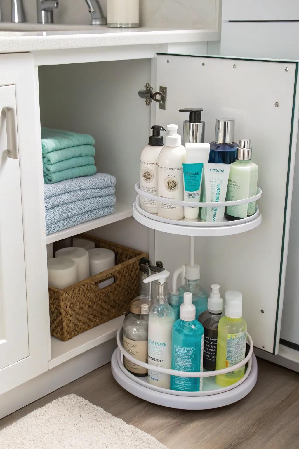 Lazy Susan for organized cabinet storage.