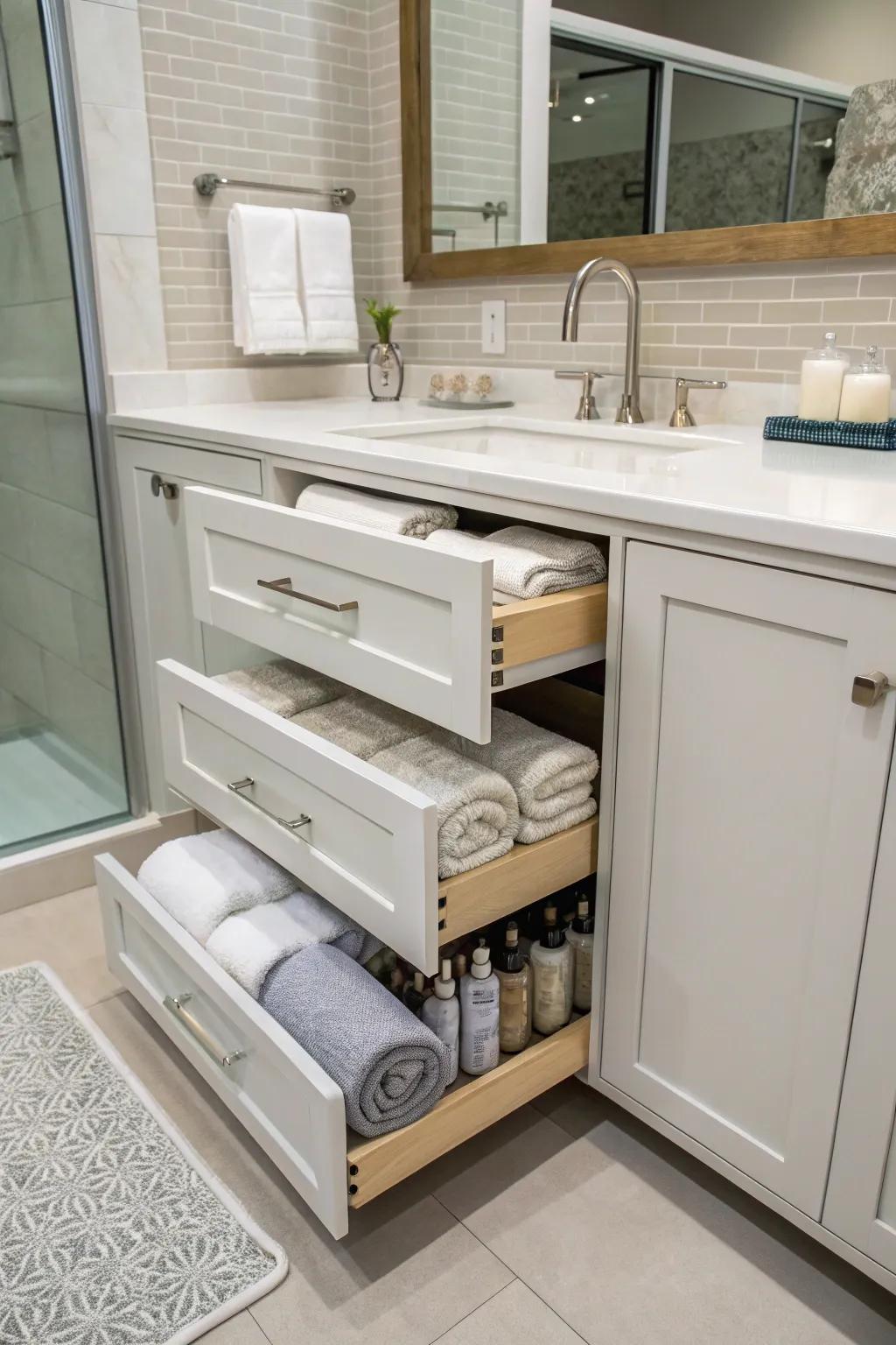 Pull-out shelves for easy cabinet organization.