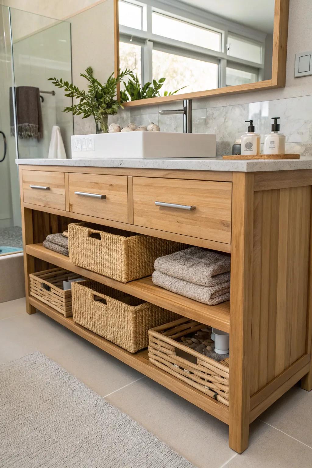 Sustainable bamboo storage solutions for bathrooms.