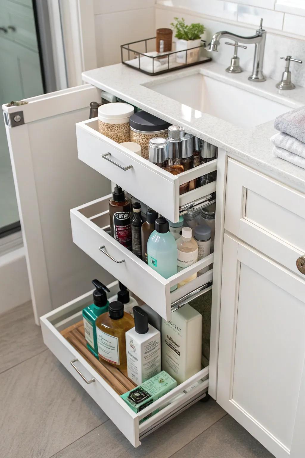 Vertical pull-out drawers for organizing tall bottles.