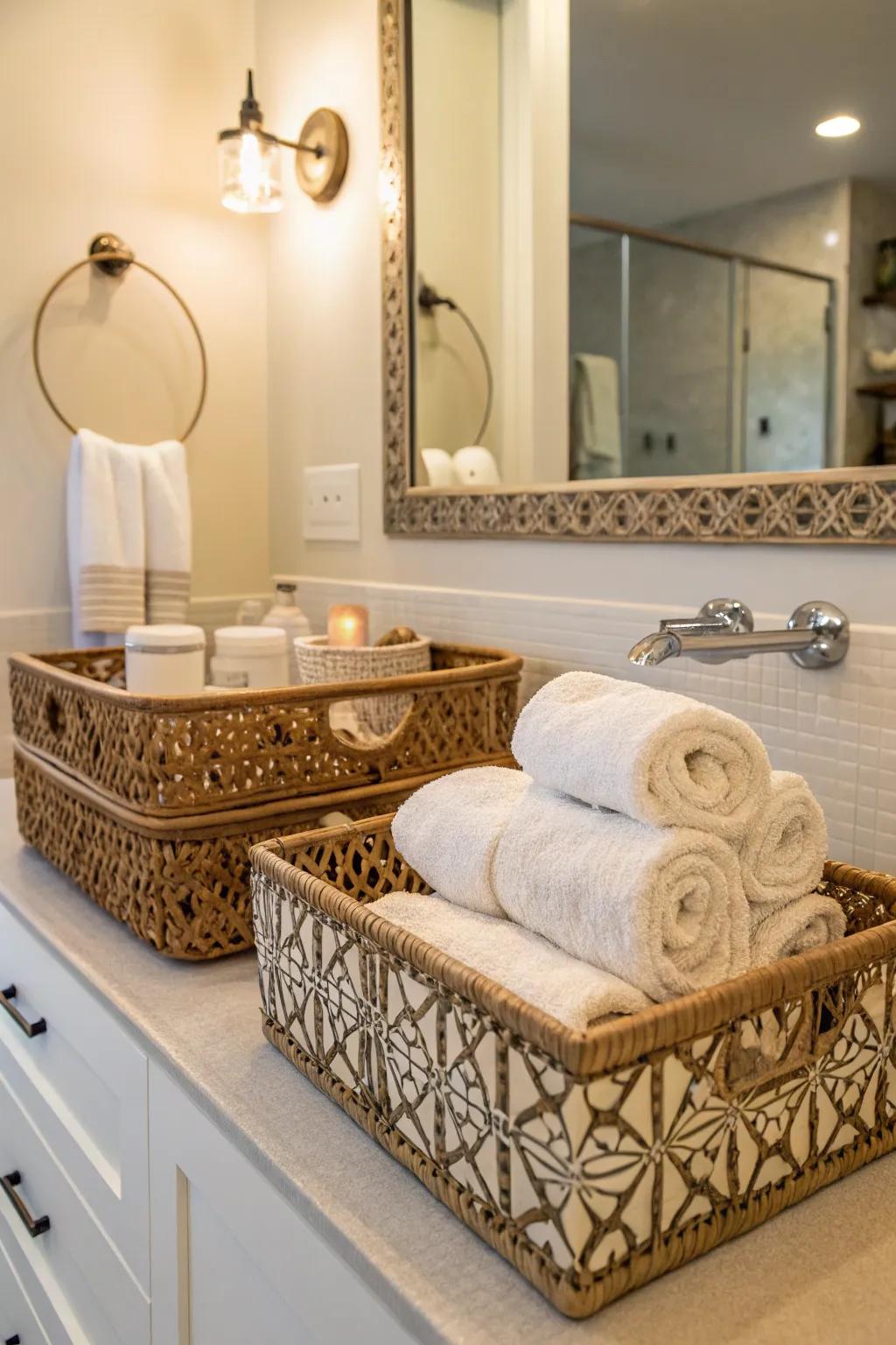 Decorative baskets for stylish towel storage.