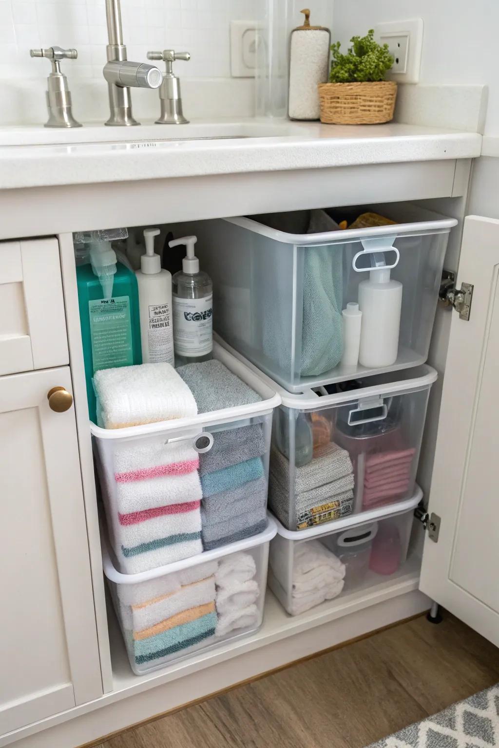 Clear bins and adjustable shelves under the sink.