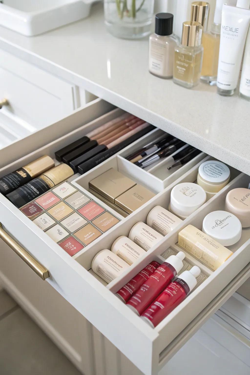 Organized cosmetics in drawer dividers.