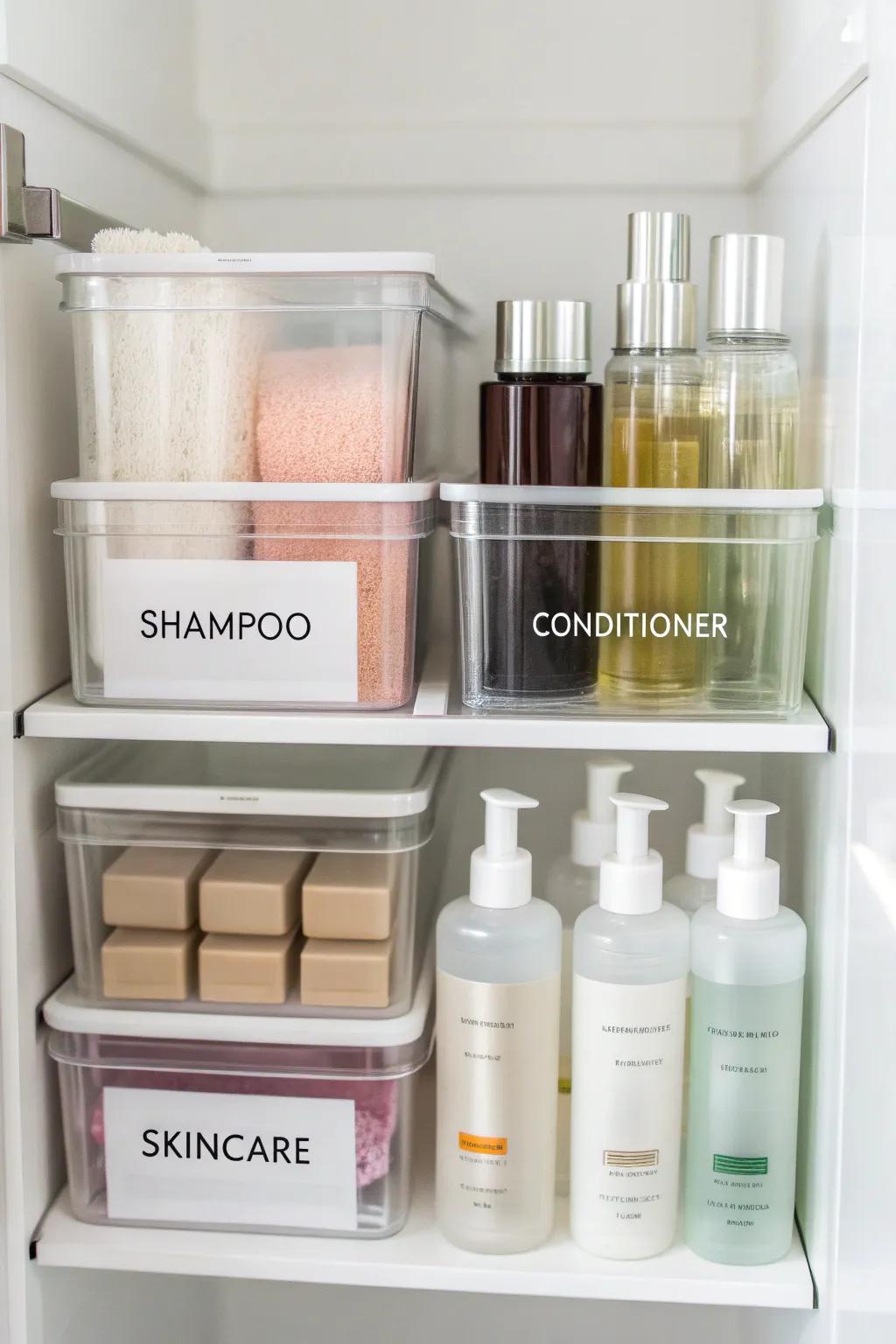 Clear containers for visible cabinet storage.