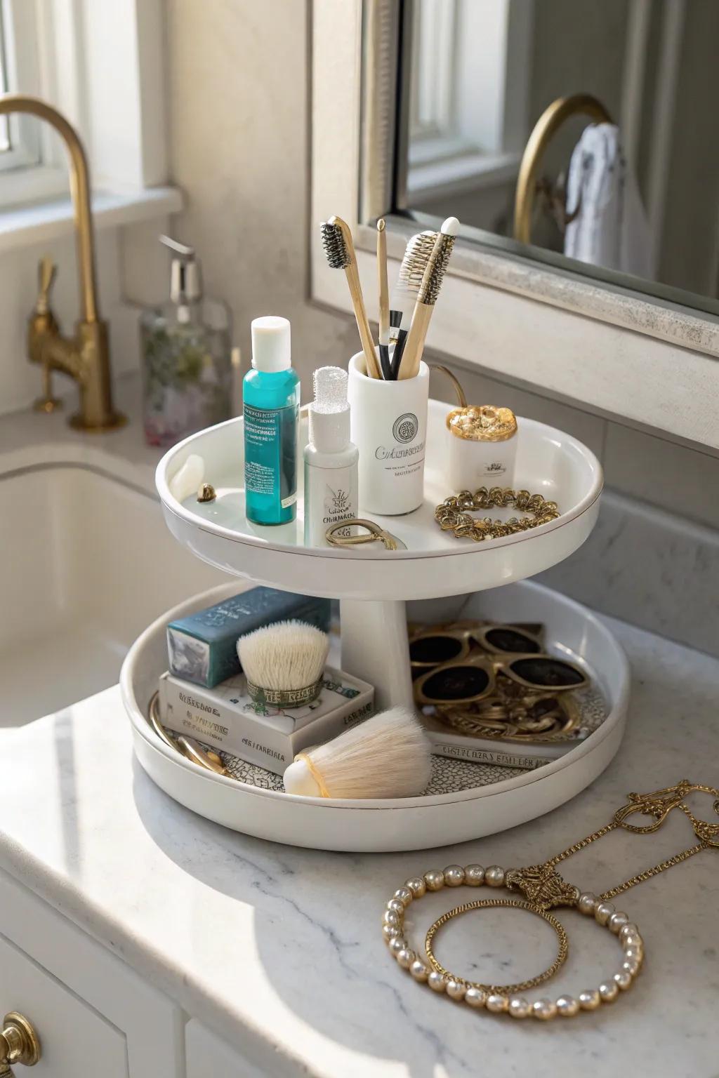 Tiered trays for vertical bathroom storage.