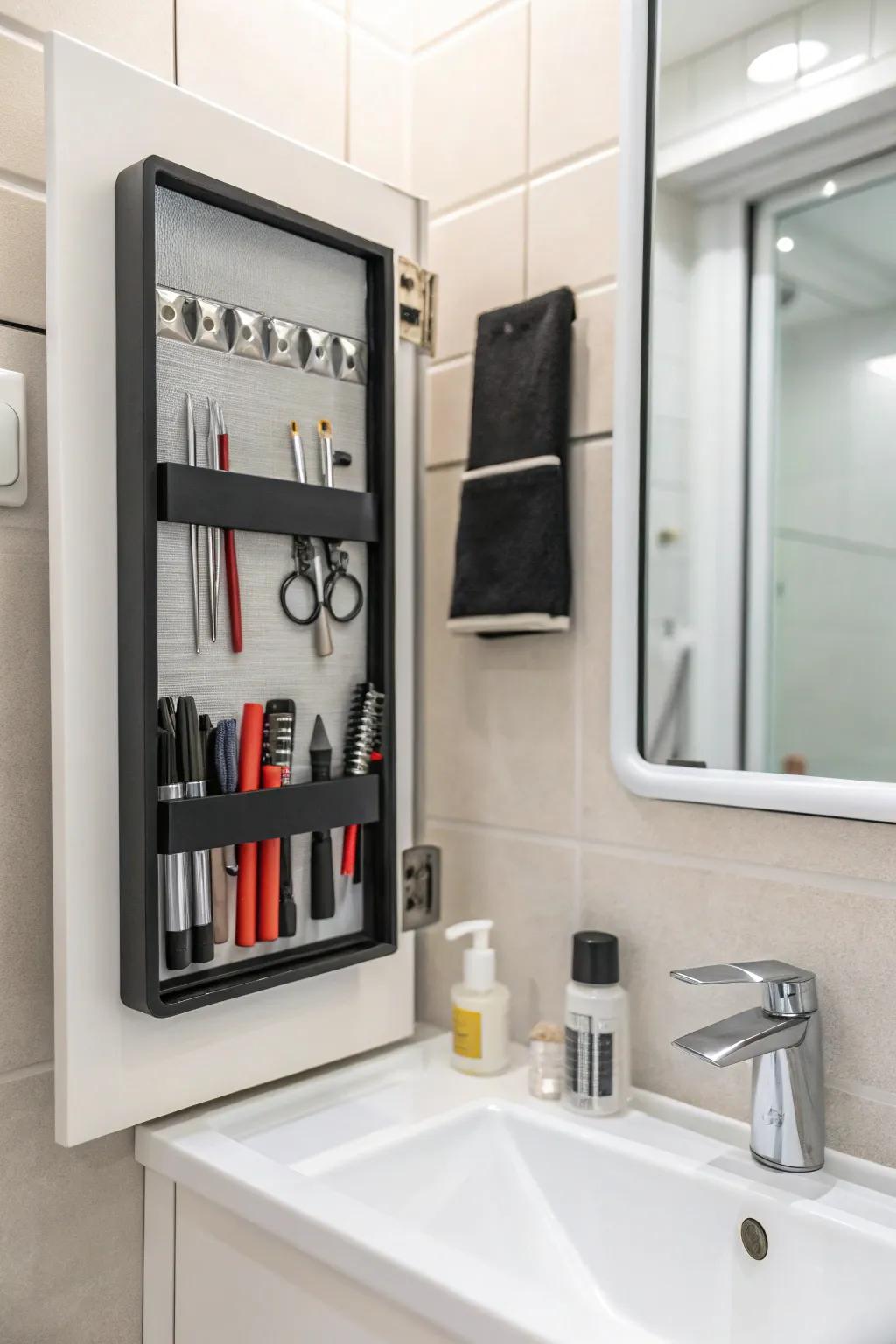 Magnetic strips organizing small metal bathroom tools.