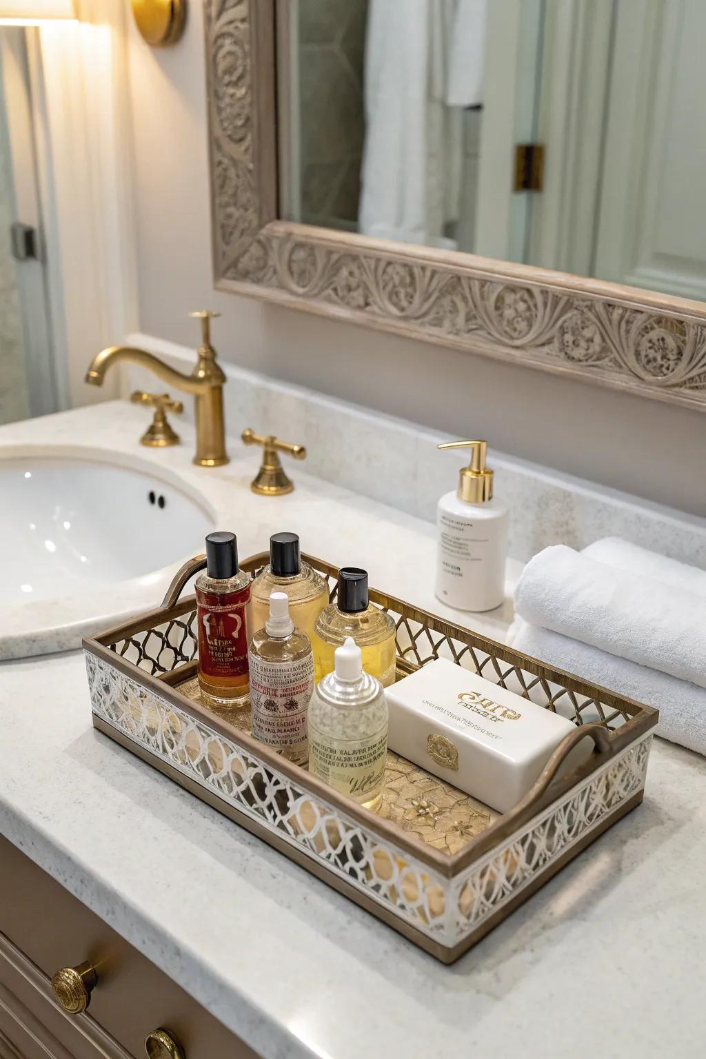 Decorative trays organizing bathroom countertops.