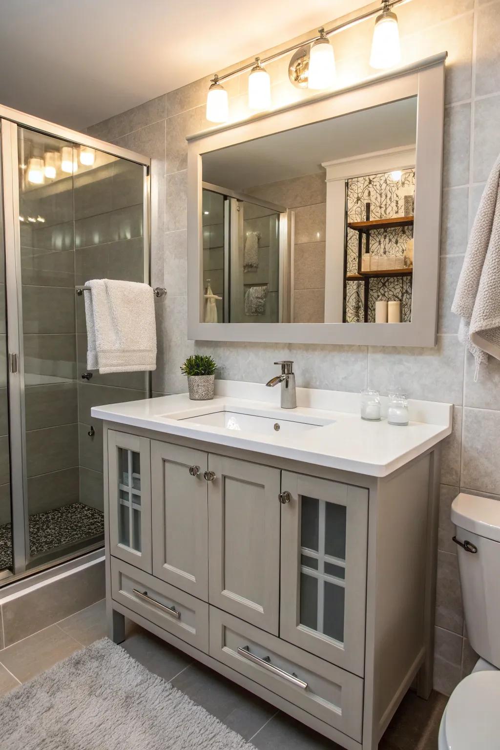 Mirrored cabinets offering stylish hidden storage.