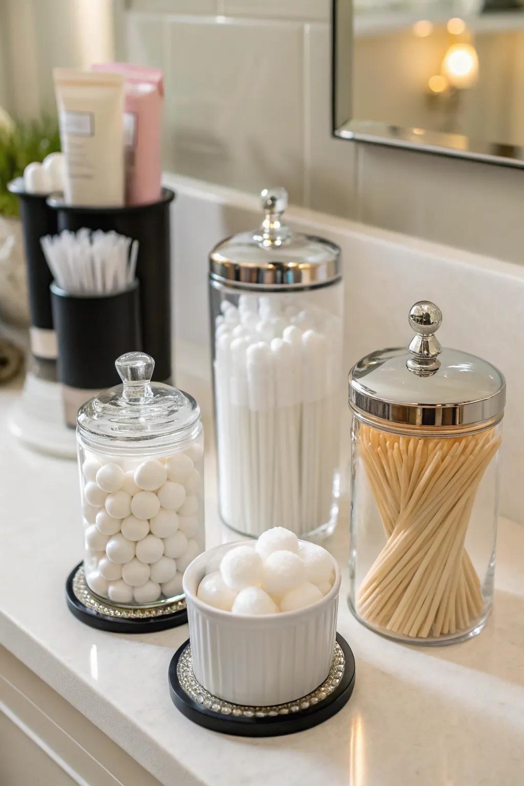 Stylish jars for bathroom essentials.