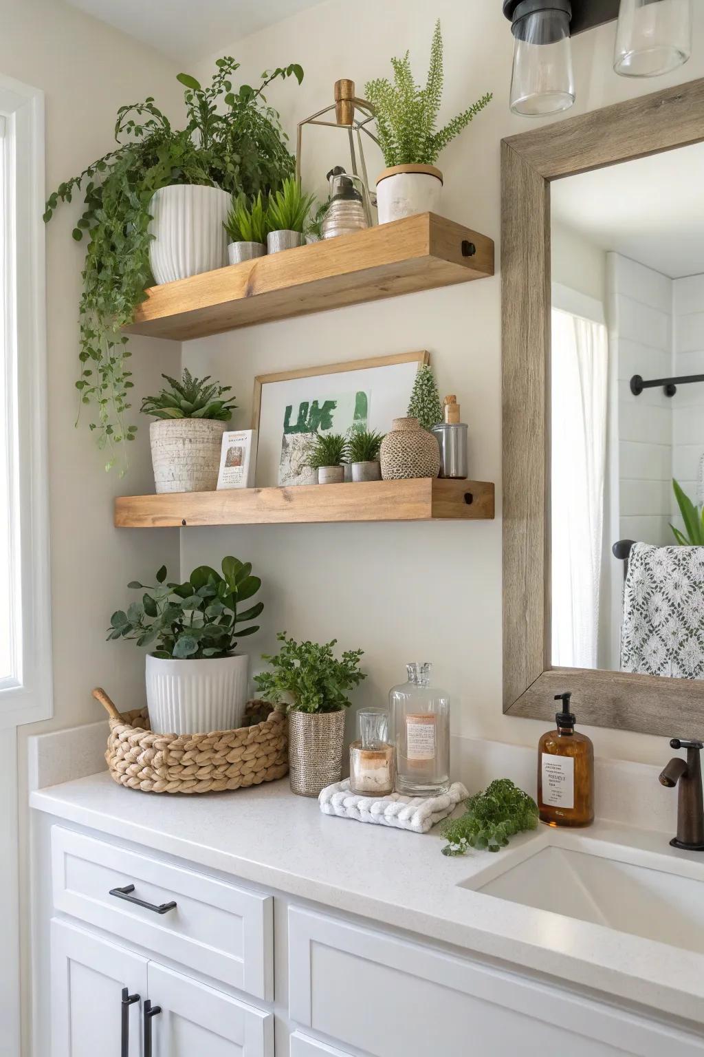 Floating shelves providing extra bathroom storage.