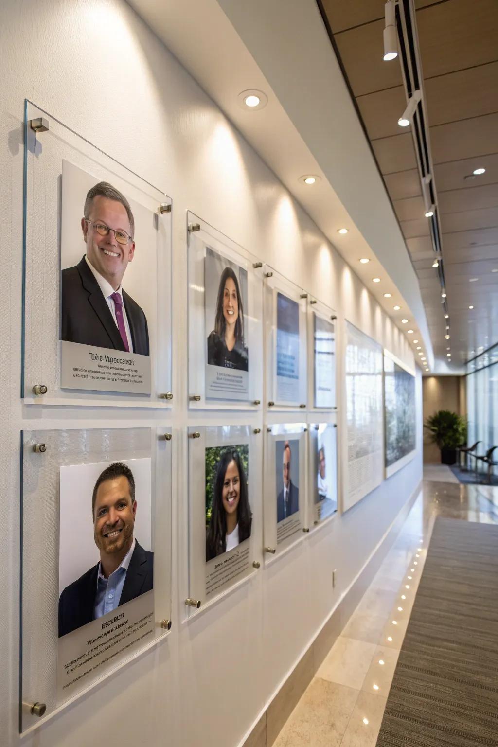Modern photo wall featuring frosted acrylic panels for a sleek look.