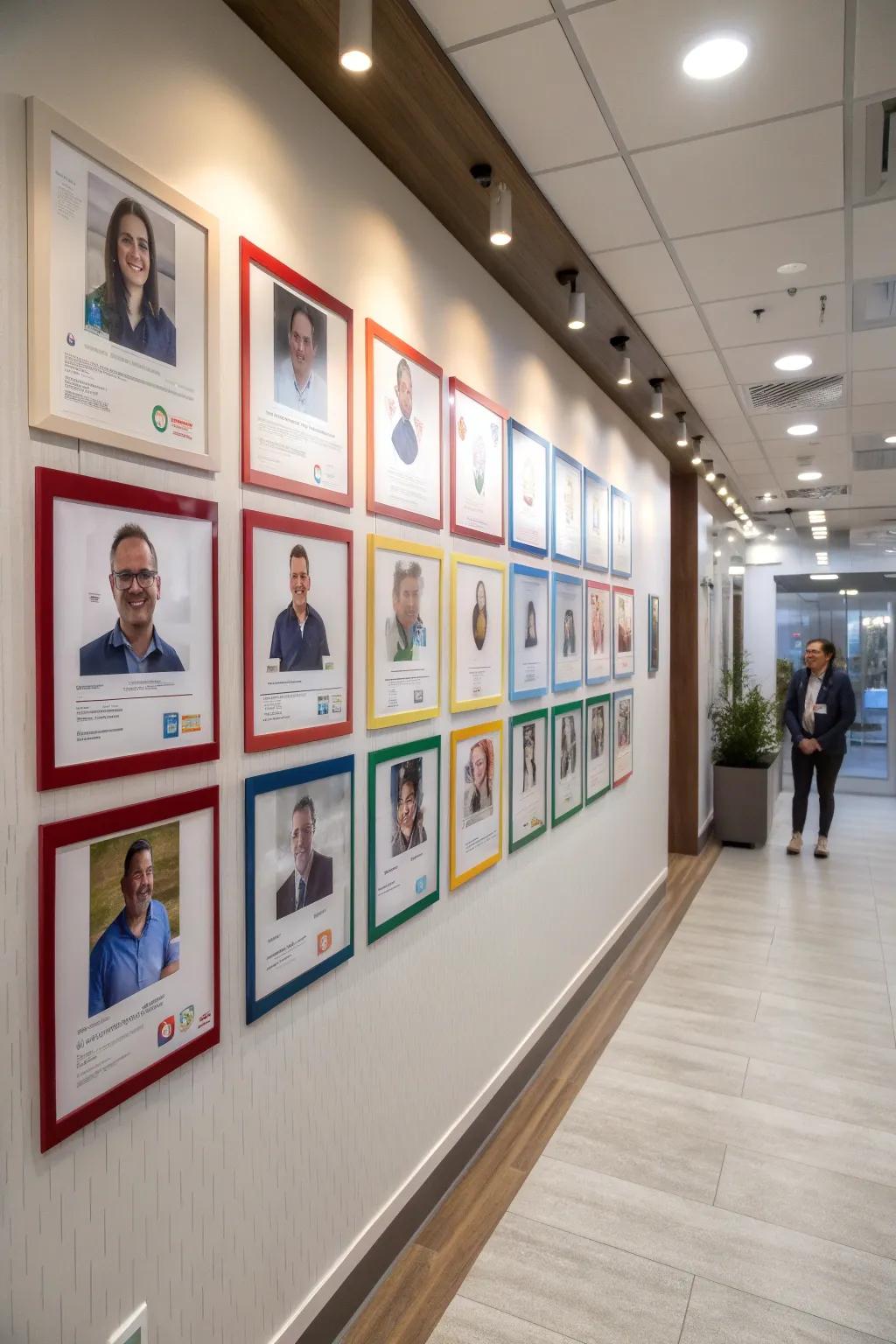 Photo wall combining employee images with informative content.