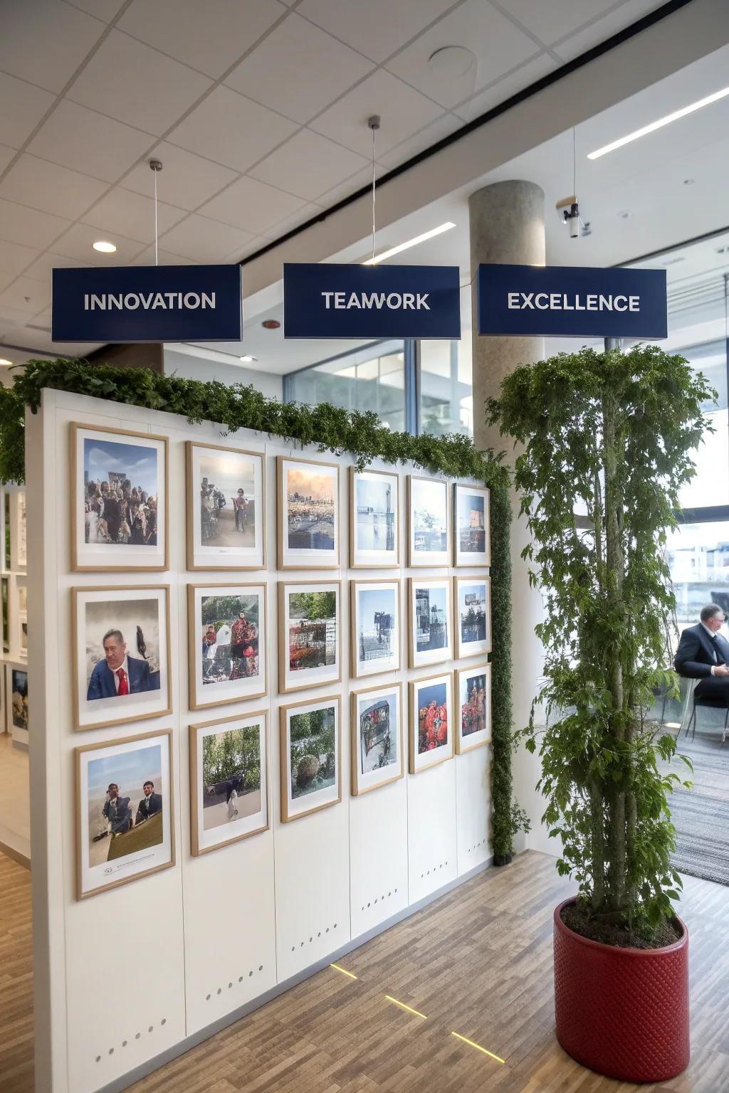 Photo wall themed around company values to inspire employees.