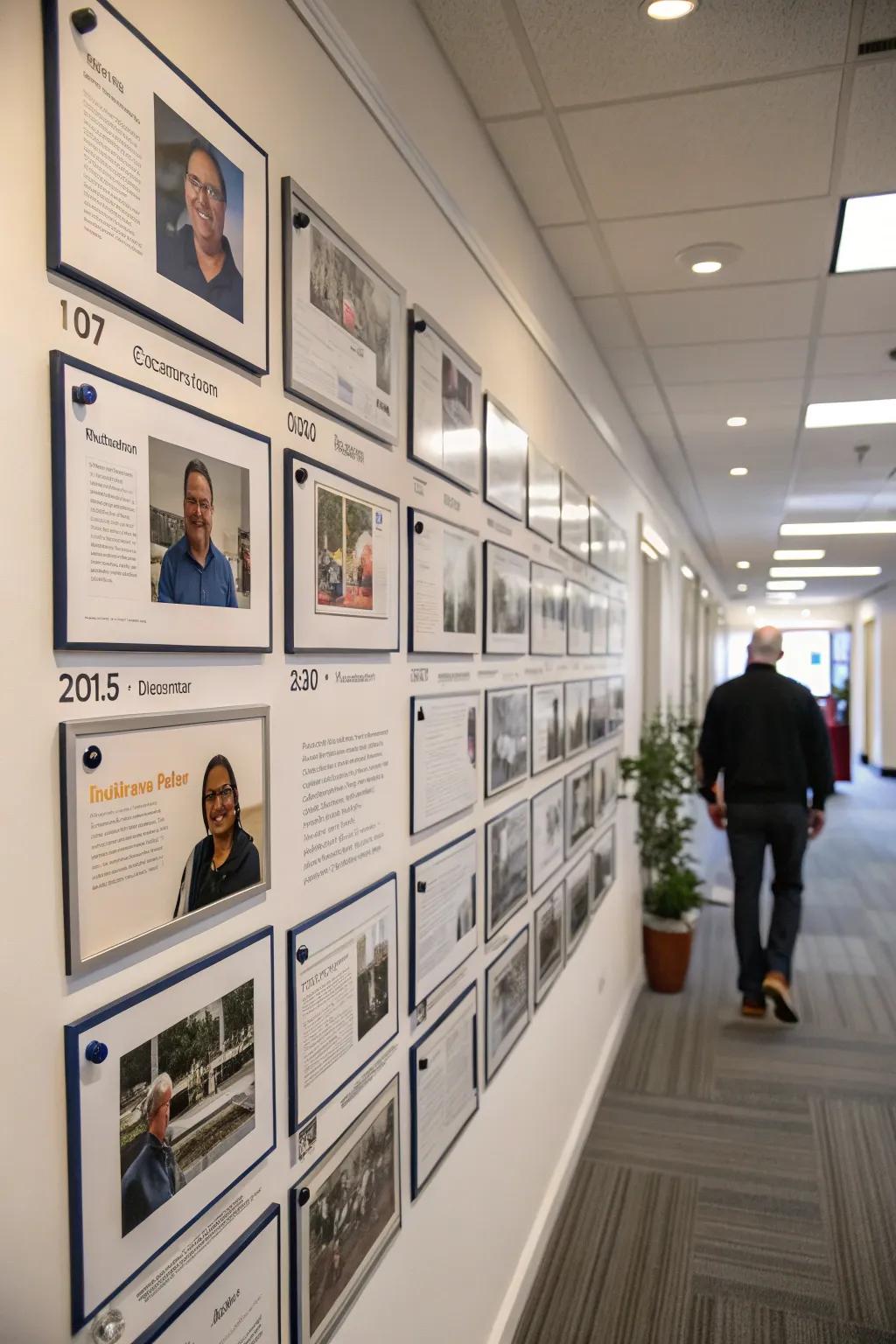 Timeline photo wall illustrating employee career milestones.