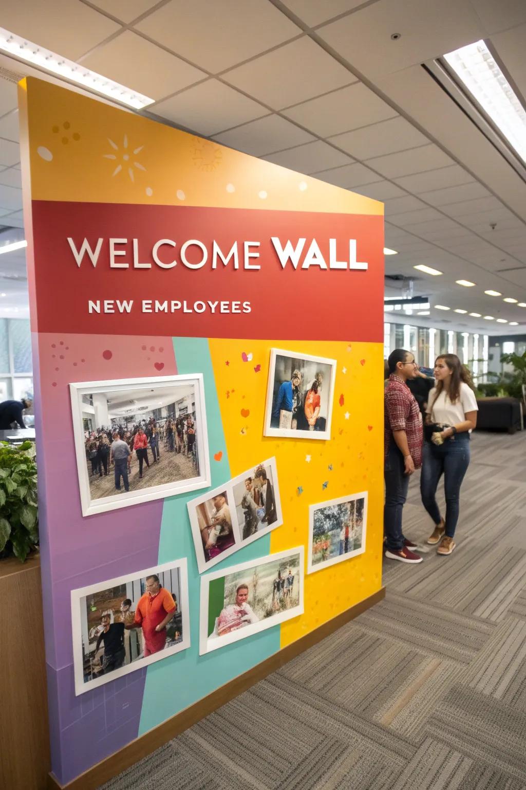 A welcoming photo wall dedicated to new hires.
