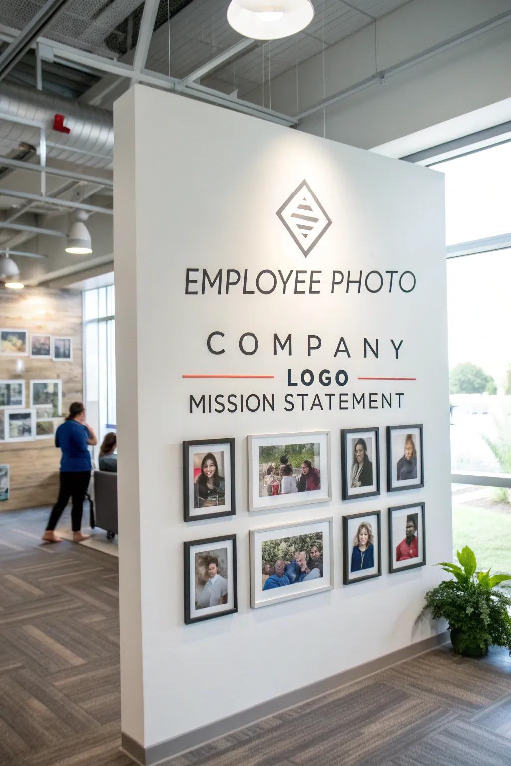 Photo wall incorporating company culture and shared values.