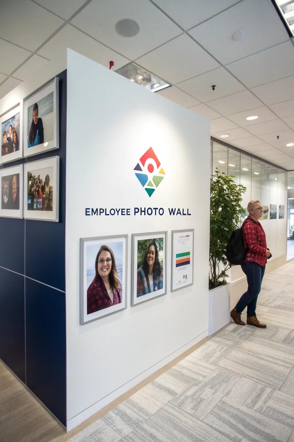 Photo wall integrating corporate branding elements harmoniously.