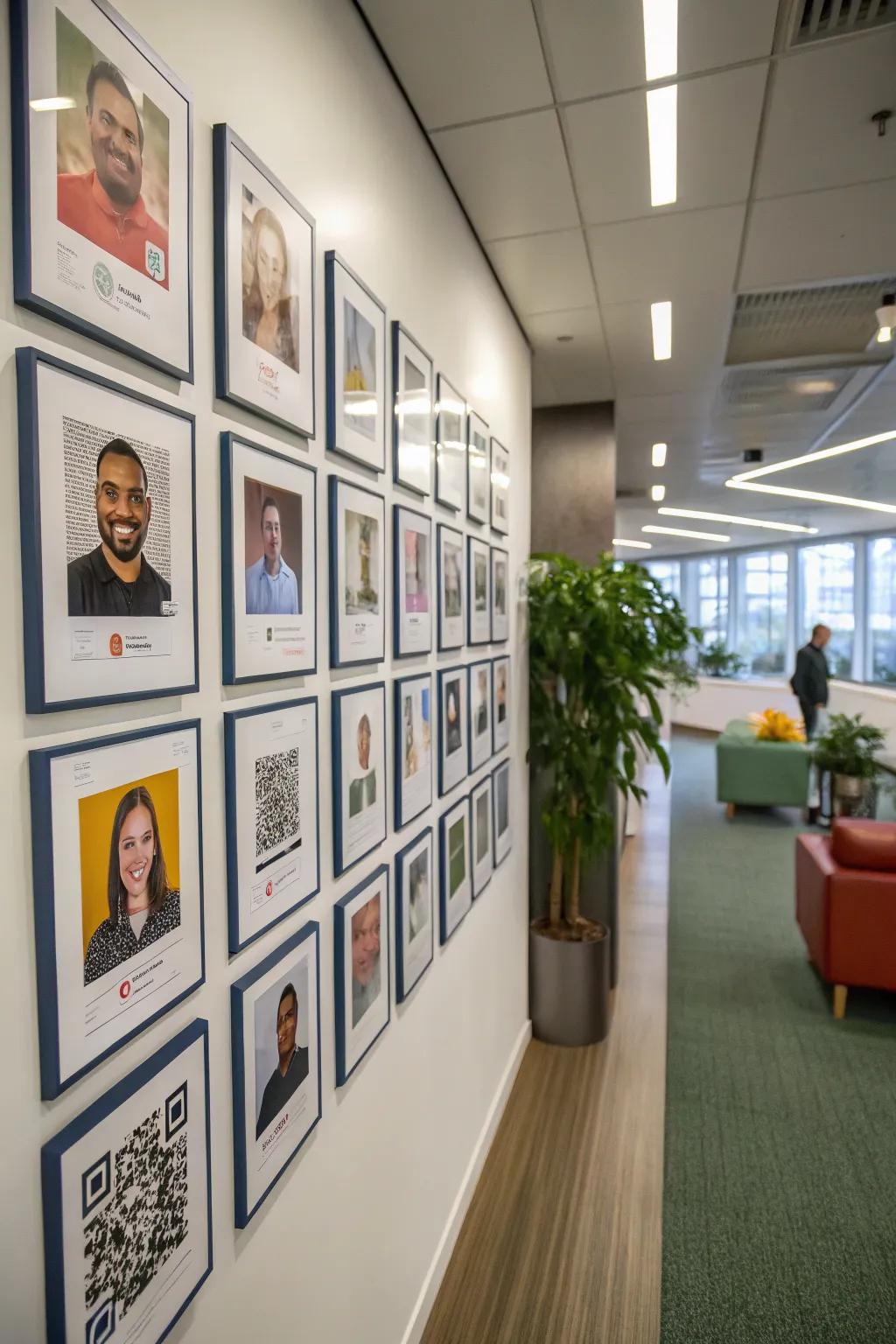 Photo wall featuring QR codes for interactive employee profiles.