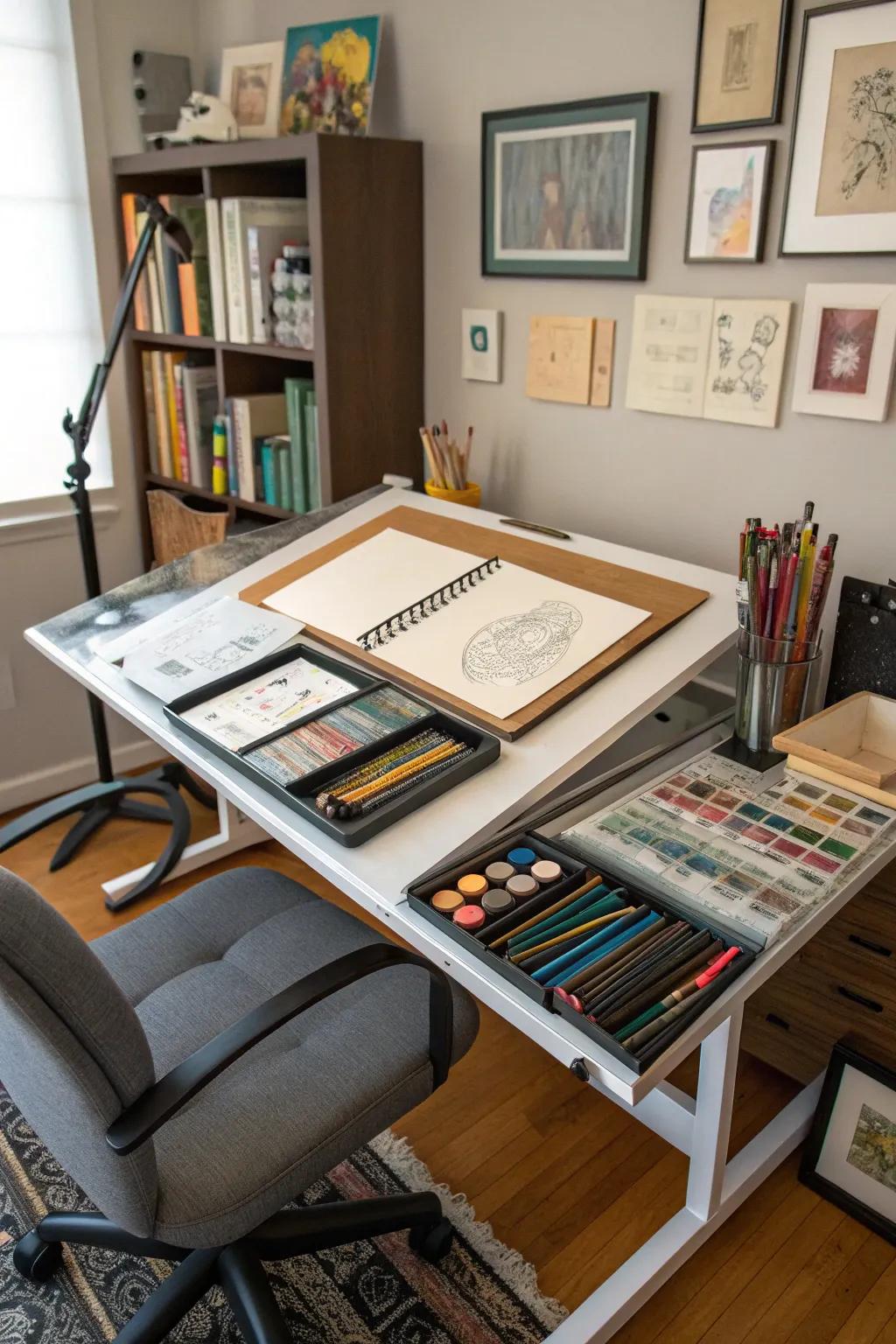 Drawing tables facilitate hands-on creativity and design development.