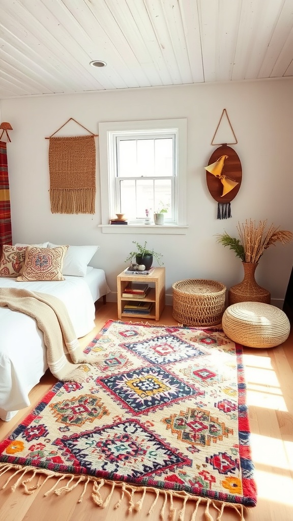 A cozy boho-style bedroom featuring a Moroccan Berber rug and colorful decor.