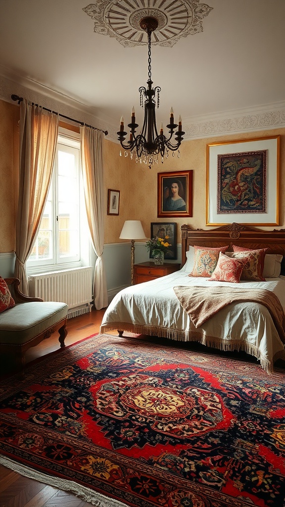 A cozy bedroom featuring a vintage Persian rug, soft furnishings, and plants.