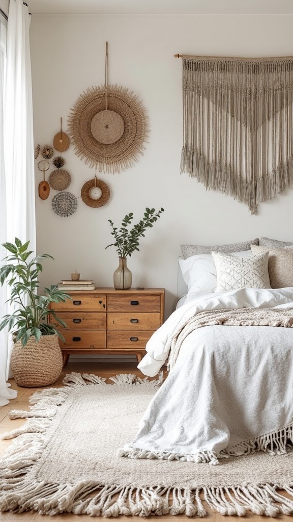 A cozy boho style bedroom with a macrame fringe rug, soft bedding, and natural decor.