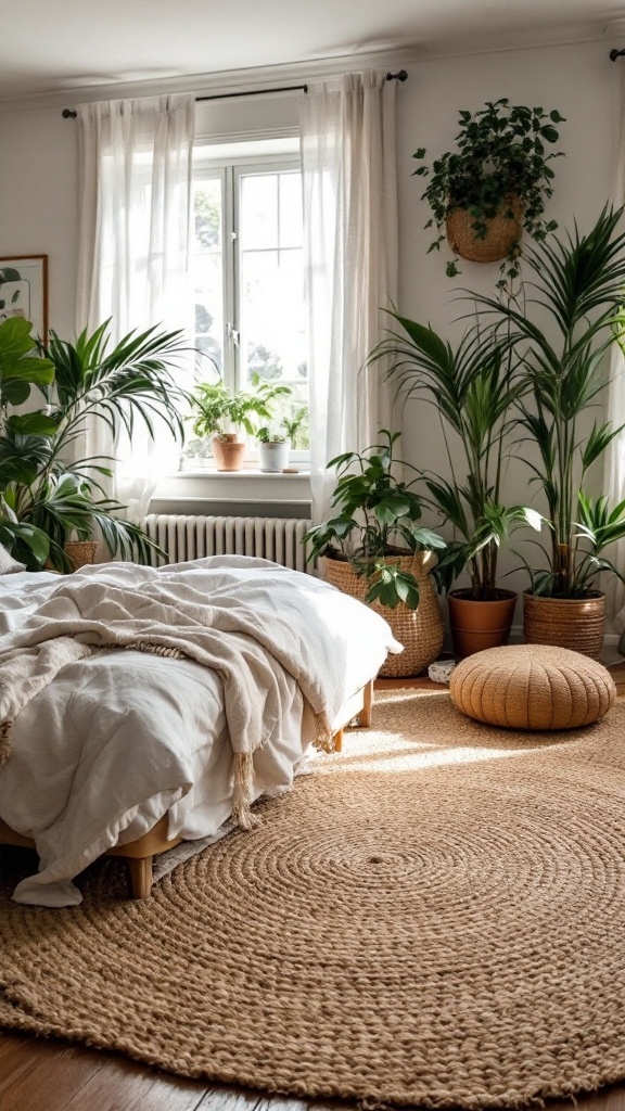 A cozy boho style bedroom with a woven jute rug, plants, and soft bedding.