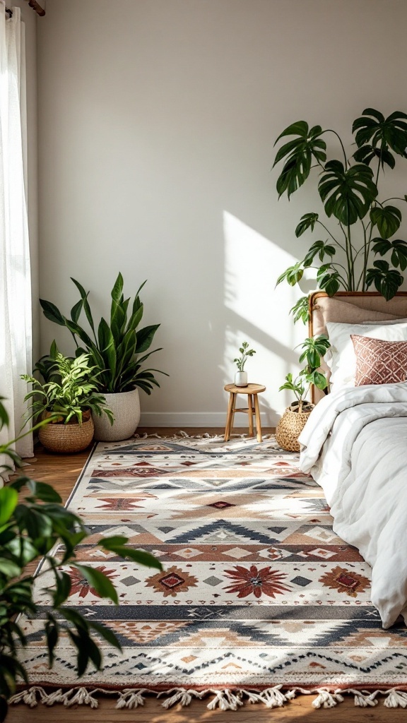A cozy boho style bedroom featuring a patterned rug in earthy tones.