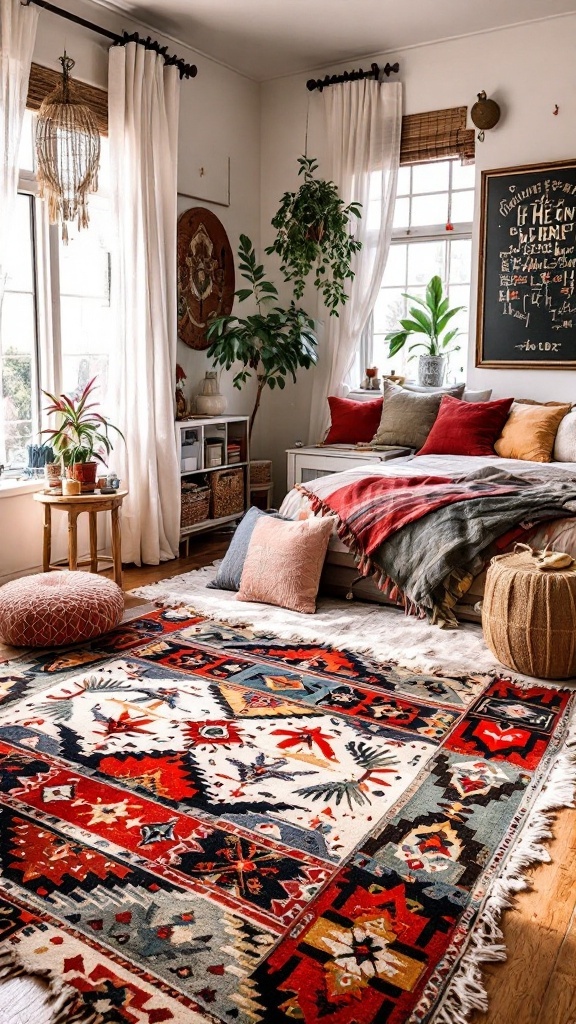 A cozy bedroom with colorful Kilim patterned rug, pillows, and plants.