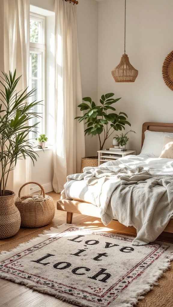 A soft cotton area rug in a cozy boho style bedroom