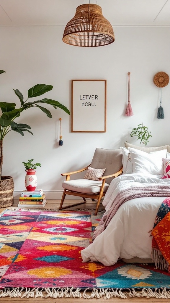 A brightly colored dhurrie rug in a boho style bedroom.
