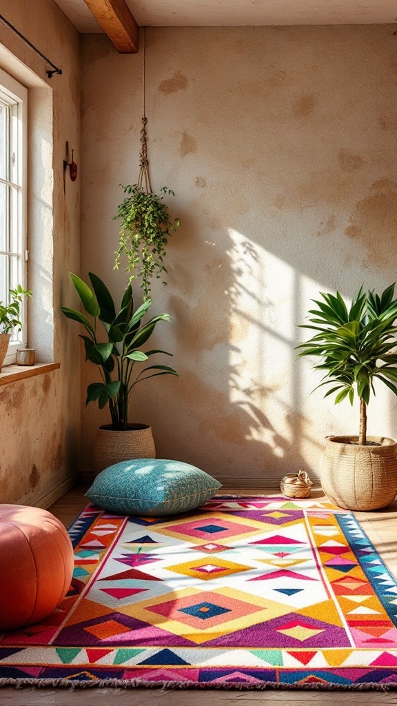 A vibrant geometric rug with colorful patterns in a cozy room with plants and cushions.