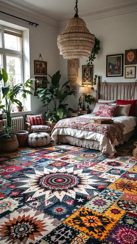 Colorful patchwork rug in a boho style bedroom
