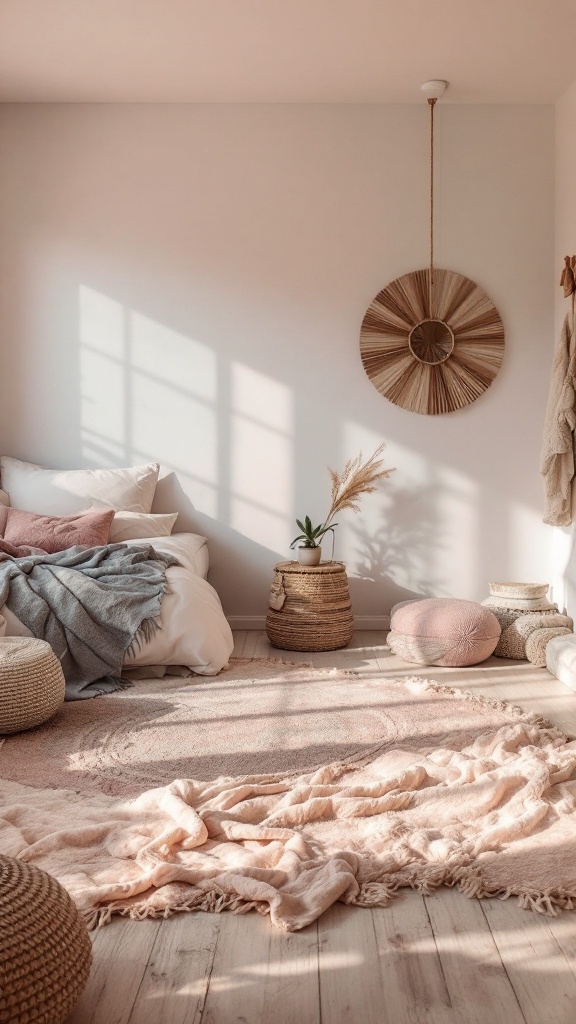 A cozy boho style bedroom featuring muted pastel decor and a soft rug.