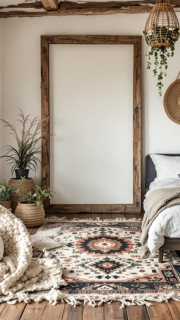 A rustic reclaimed wood frame in a boho style bedroom