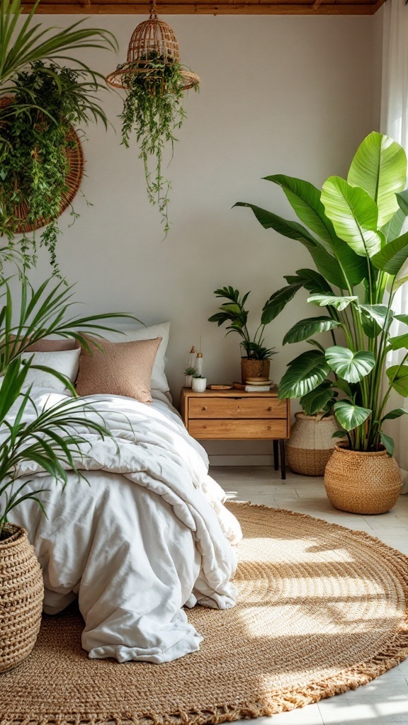 A cozy boho style bedroom featuring bamboo weave rugs and indoor plants.